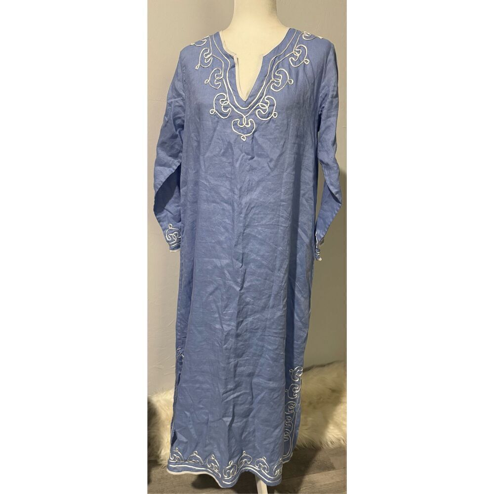 Soft Surroundings 100% Linen XS blue Embroidered tunic robe